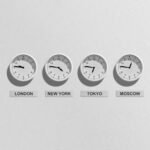 Four wall clocks showing different time zones for London, New York, Tokyo, and Moscow.